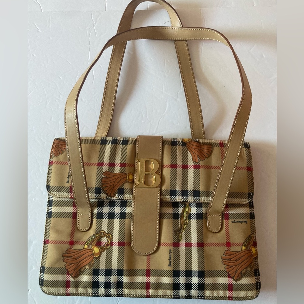 Burberrys Shoulder bag check Tan and Black pattern leather trim nice Vintage